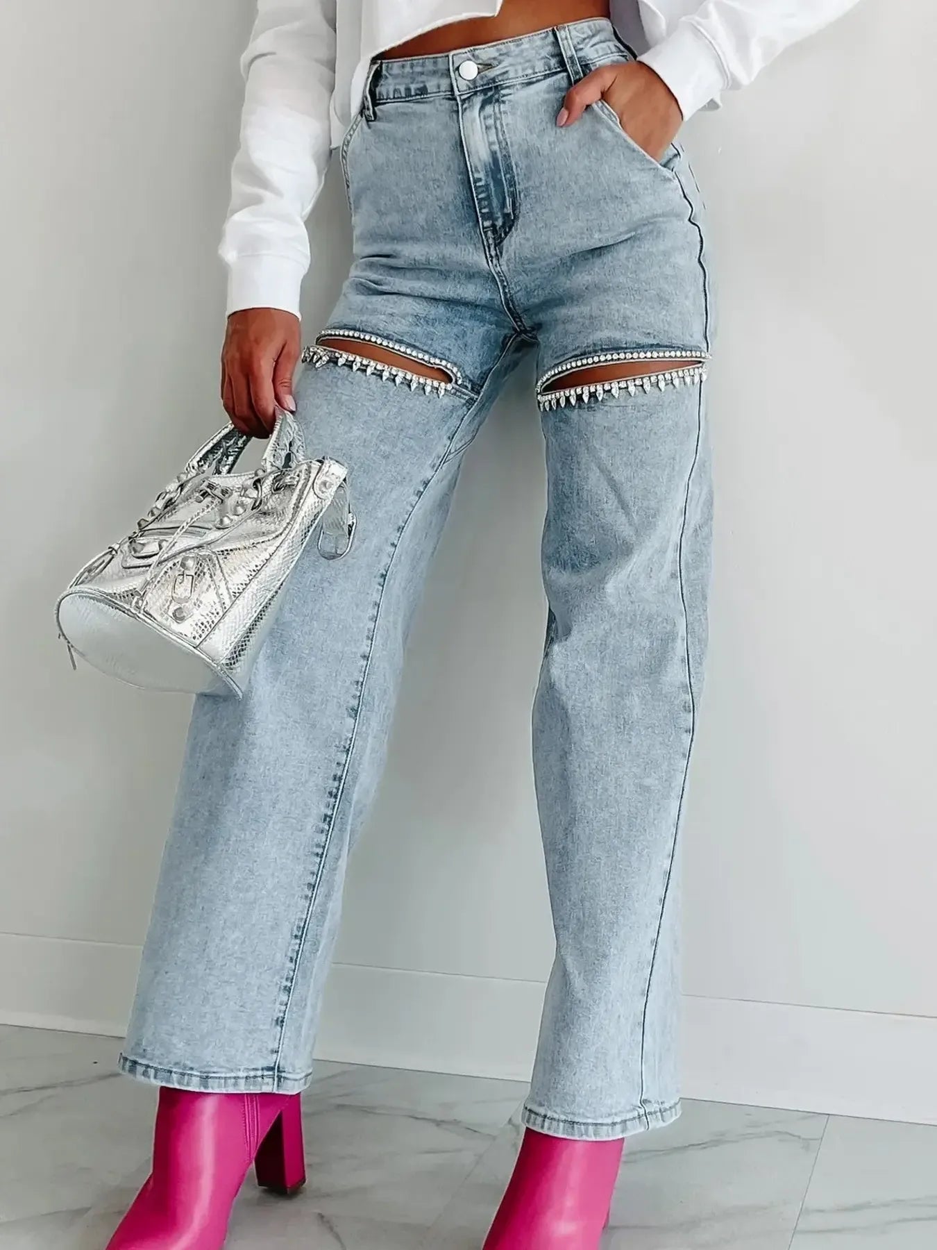 High Waist Cut-Out Wide Leg Jeans - Tigbul's Variety Fashion Shop