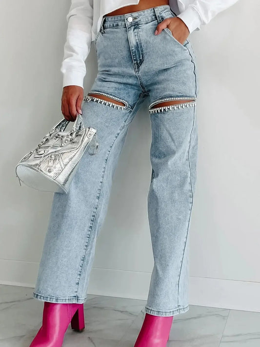 High Waist Cut-Out Wide Leg Jeans - Tigbul's Variety Fashion Shop