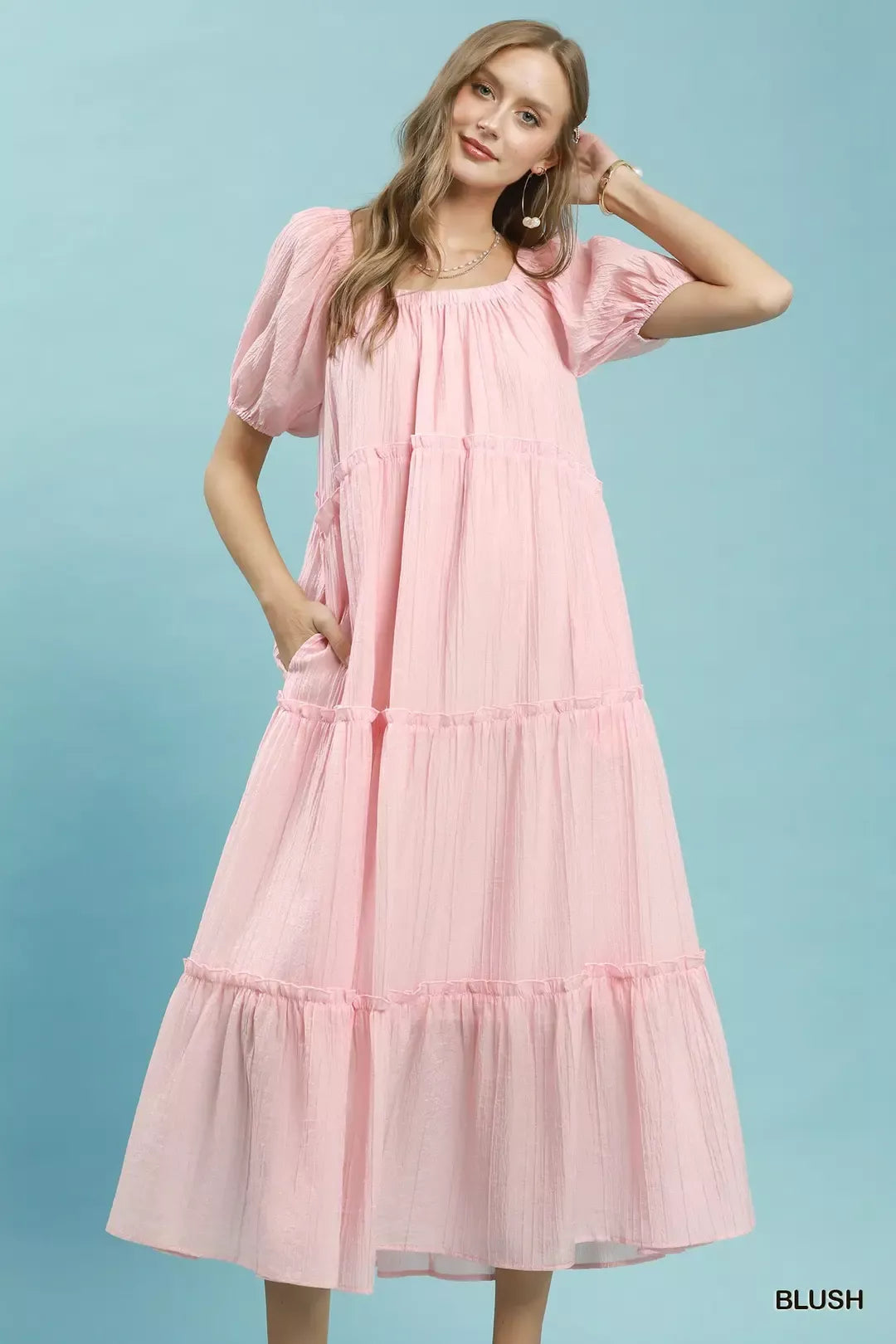 Umgee blush tiered midi dress with gathered bodice and short puff sleeves