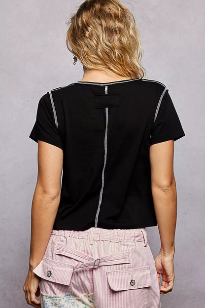 POL Contrast Stitching Round Neck Short Sleeve T-Shirt - Tigbul's Variety Fashion Shop