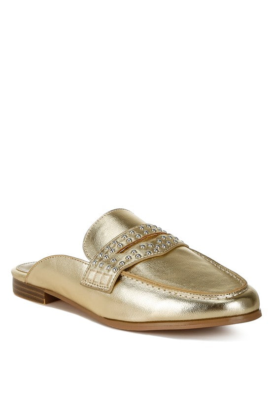 Adam Lane Gold Stud Detail Metallic Pleather Mules - Tigbul's Variety Fashion Shop