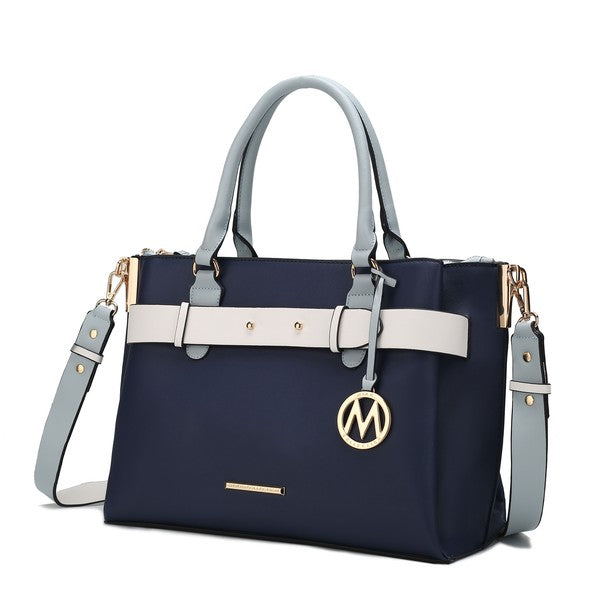 Jamie satchel in navy with light blue handles, white front strap, M-logo charm