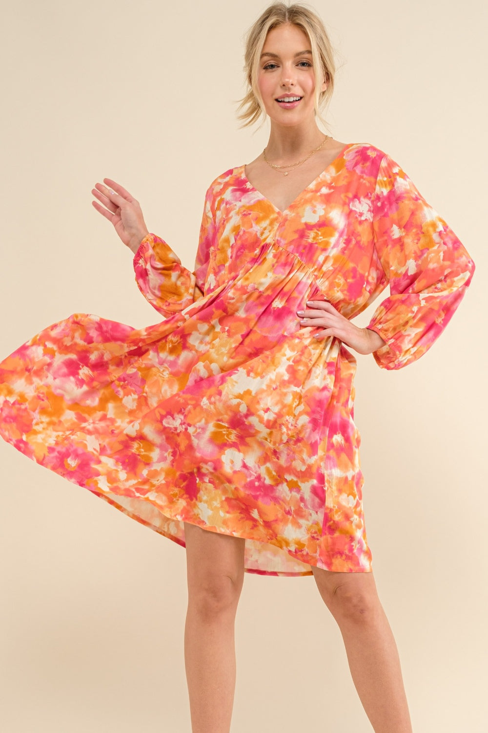 And The Why Full Size Printed Tie Back Long Sleeve Dress - Tigbul's Variety Fashion Shop