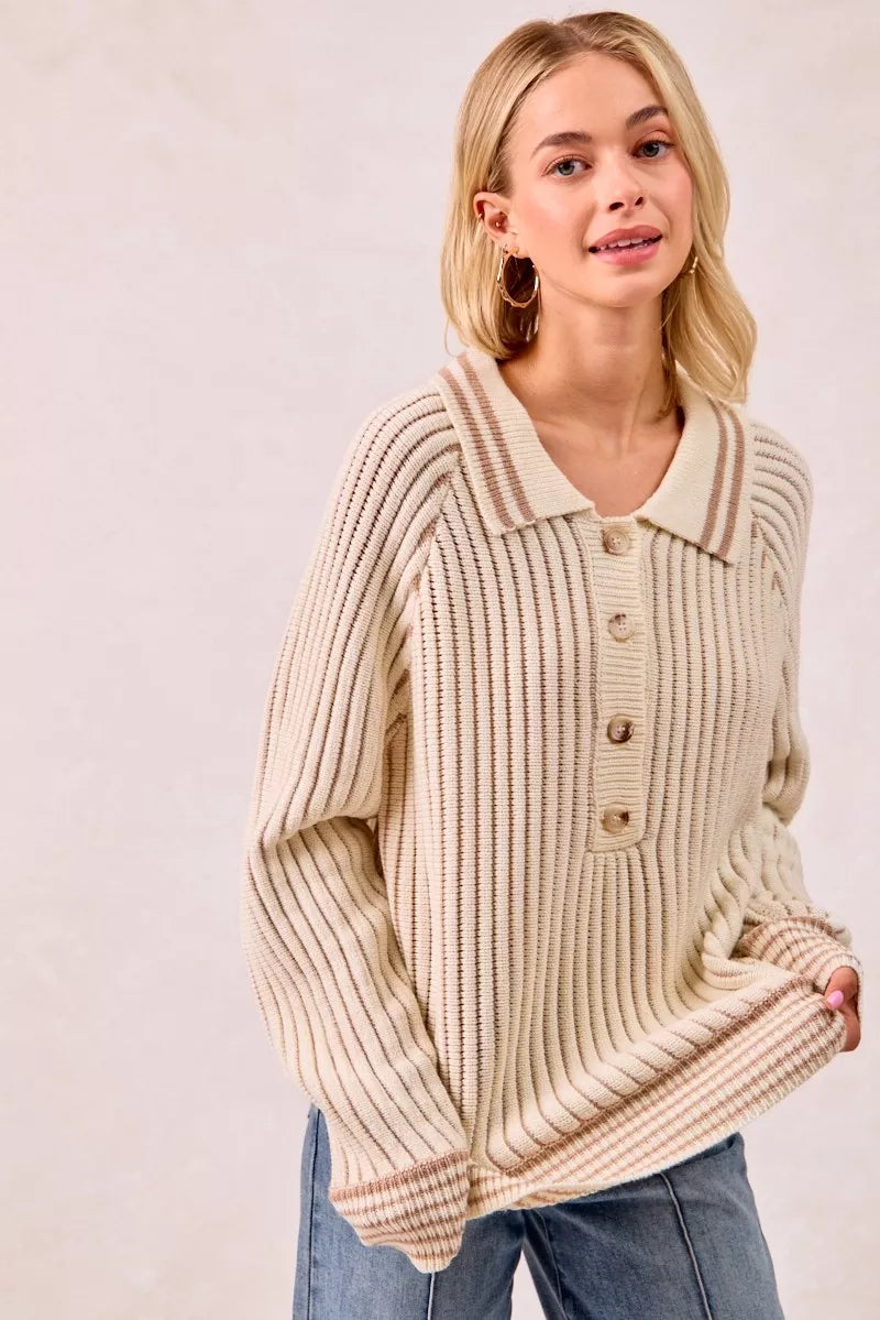 BiBi Half Button Ribbed Two Tone Sweater - Tigbul's Variety Fashion Shop