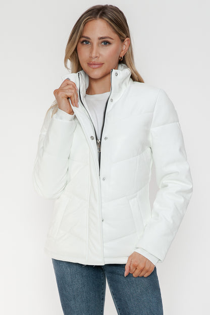 White Pocketed Zip Up Turtleneck Puffer Jacket