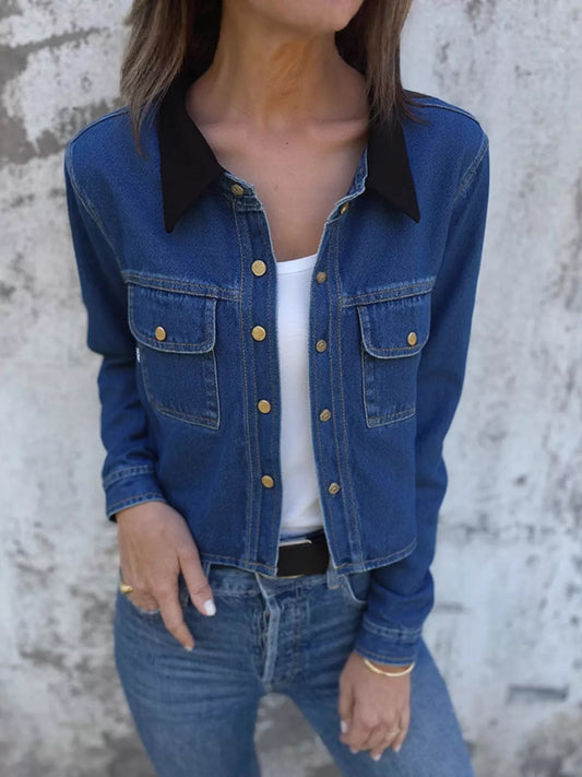 Snap Down Denim Jacket with Chest Pockets - Tigbul's Variety Fashion Shop