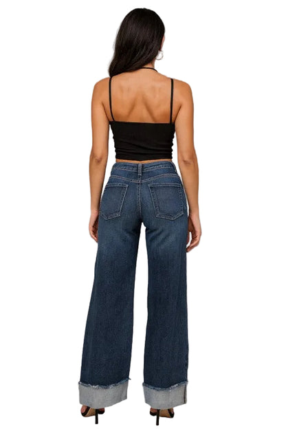 Low Rise Cuffed Dark Wash Blue Jean Pants Women's - Tigbul's Variety Fashion Shop