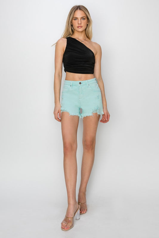 Mint Green Mid Waist Frayed Hem Denim Shorts - Tigbul's Variety Fashion Shop