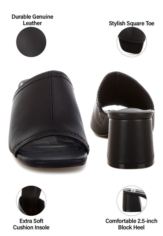 Black genuine leather heels with cushioned insole and square open toe, back view