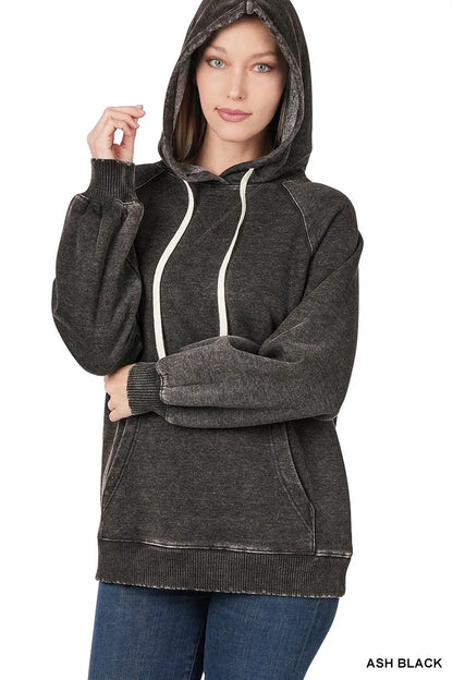 Zenana Acid Wash Fleece Hoodie with Drawstring - Tigbul's Variety Fashion Shop
