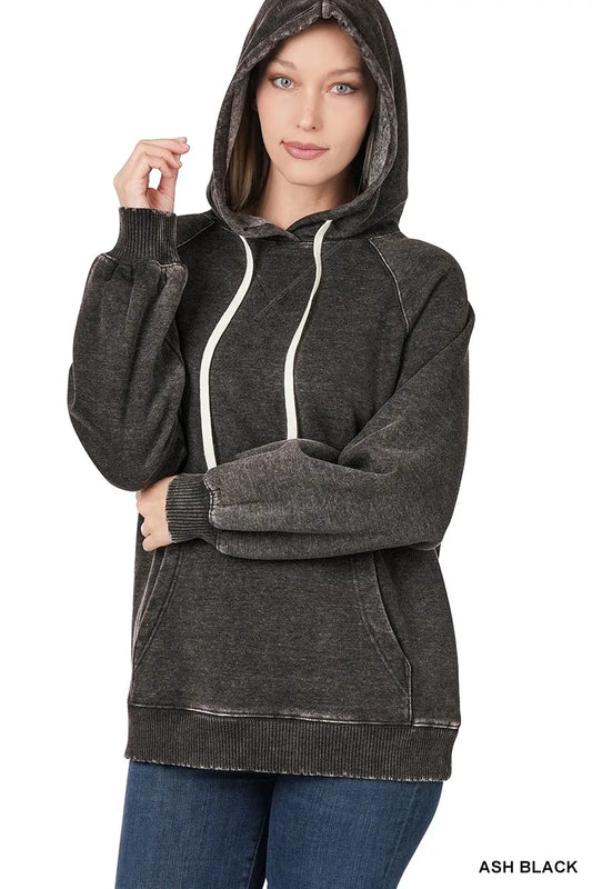 Zenana Acid Wash Fleece Hoodie with Drawstring - Tigbul's Variety Fashion Shop
