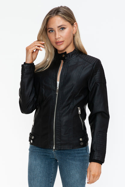 Black Faux Leather Biker Jacket with Side Zip Pockets