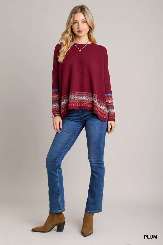 Umgee Long Sleeve Round Neck Knit Top with Side Slits and Stitch Detail - Tigbul's Variety Fashion Shop