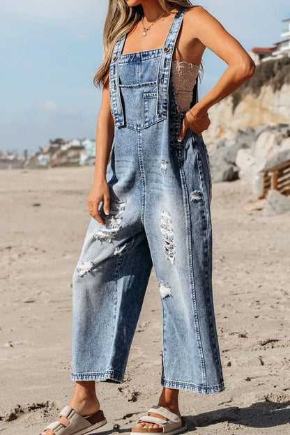 Distressed Bib Pocket Wide Leg Denim Overalls - Tigbul's Variety Fashion Shop