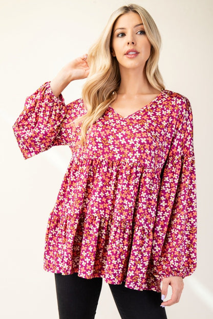 Celeste Full Size Floral V-Neck Balloon Sleeve Blouse - Tigbul's Variety Fashion Shop