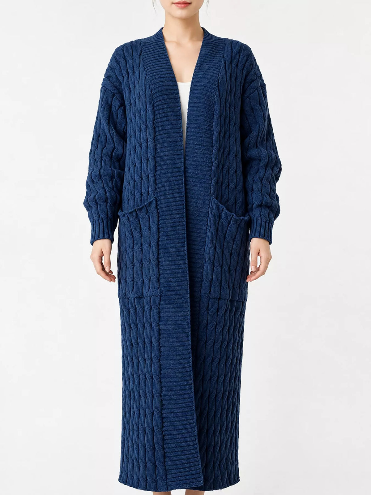 Elegant Cable-Knit Longline Open-Front Cardigan | Tigbuls Variety