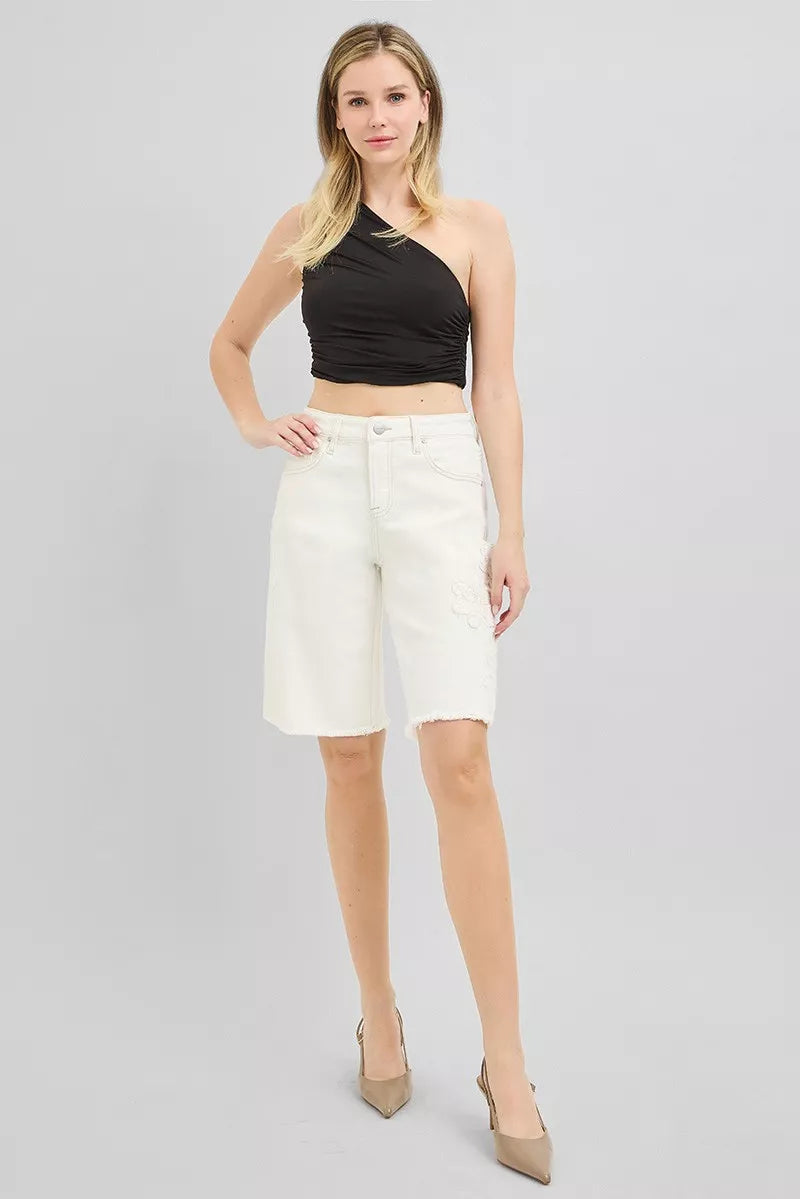 RISEN Slouchy Relaxed Floral Embroidered Bermuda Denim Shorts - Tigbul's Variety Fashion Shop
