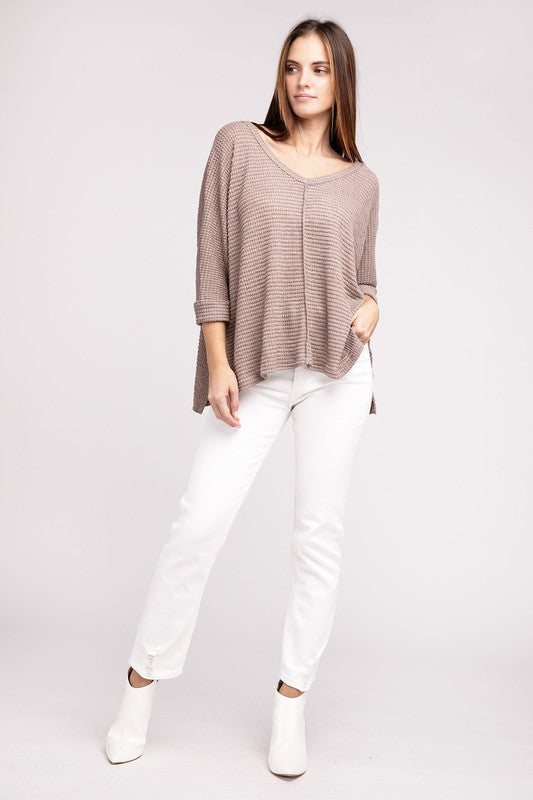 3/4 Sleeve V-Neck Hi-Low Hem Jacquard Sweater - Tigbuls Variety Fashion
