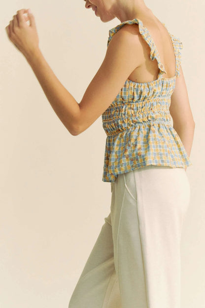 Plaid Ruffled Strap Smocked Blue Sleeveless Top - Tigbul's Variety Fashion Shop