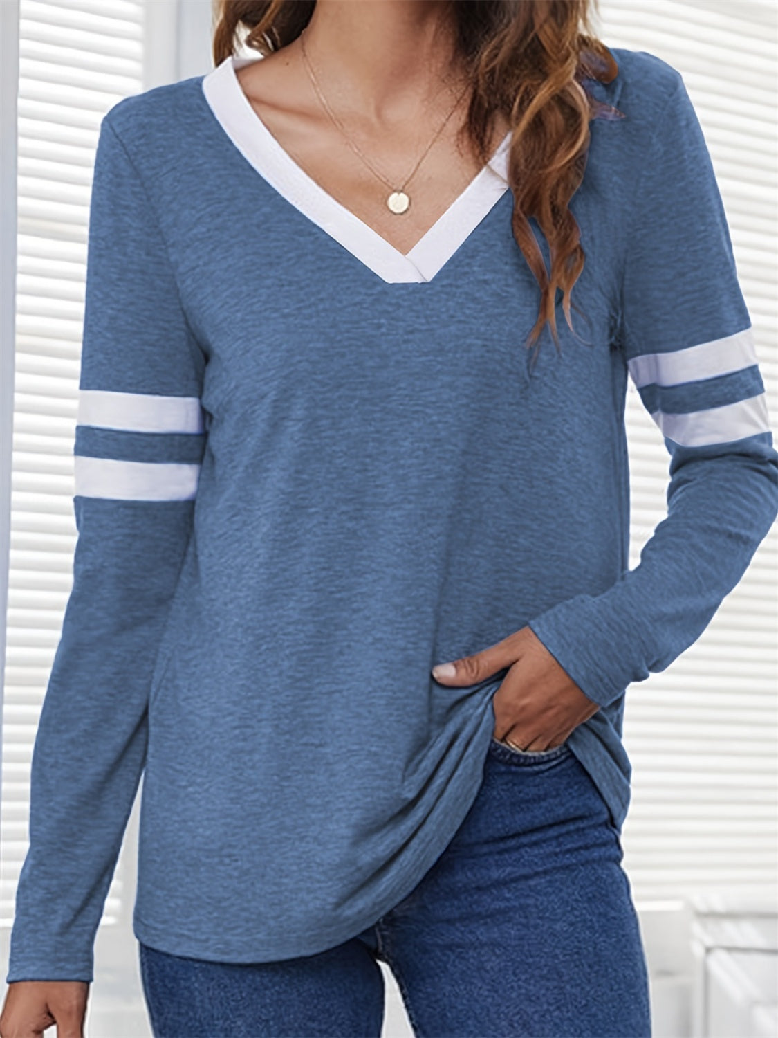 Heathered V-Neck Long Sleeve T-Shirt - Tigbul's Variety Fashion Shop