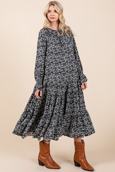 Dark Navy Printed Tie Neck Flounce Sleeve Midi Dress - Tigbul's Variety Fashion Shop