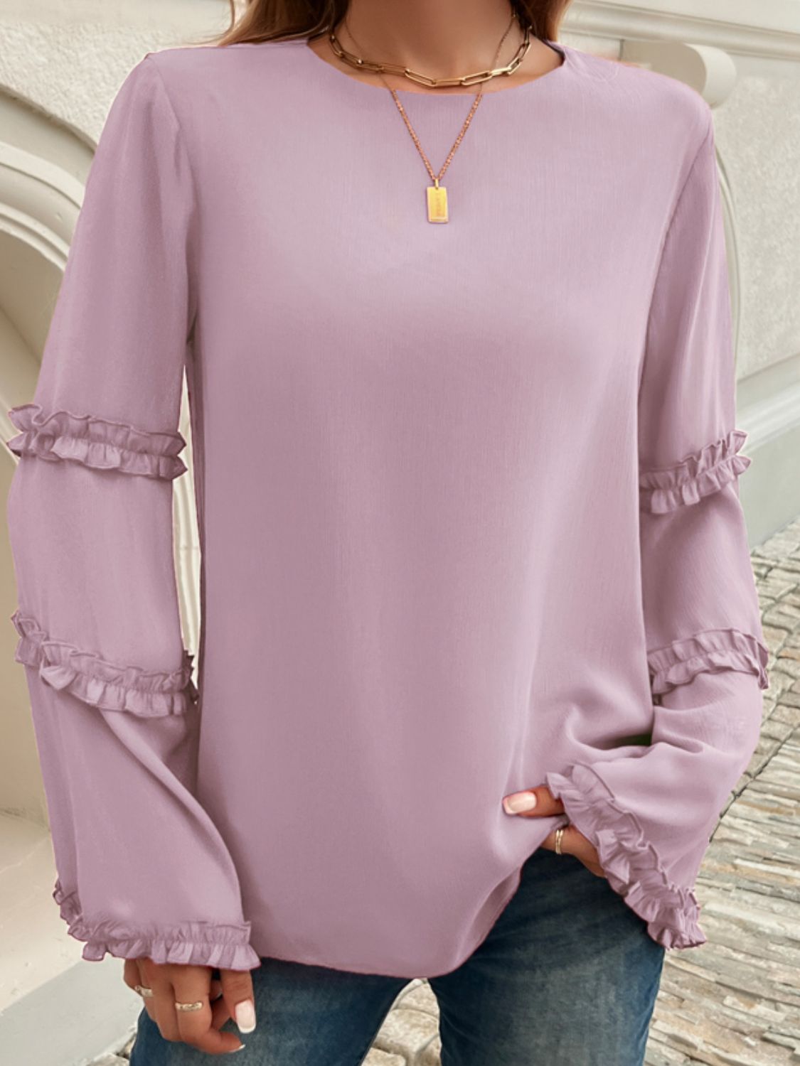 Devine Frill Round Neck Long Sleeve Top - Tigbul's Variety Fashion Shop