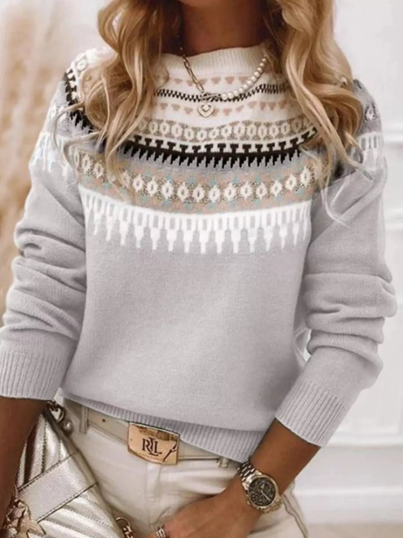 Full Size Vintage Patterned Round Neck Sweater Plus Size - Tigbul's Variety Fashion Shop