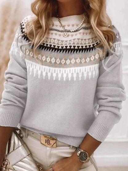 Full Size Vintage Patterned Round Neck Sweater Plus Size - Tigbul's Variety Fashion Shop