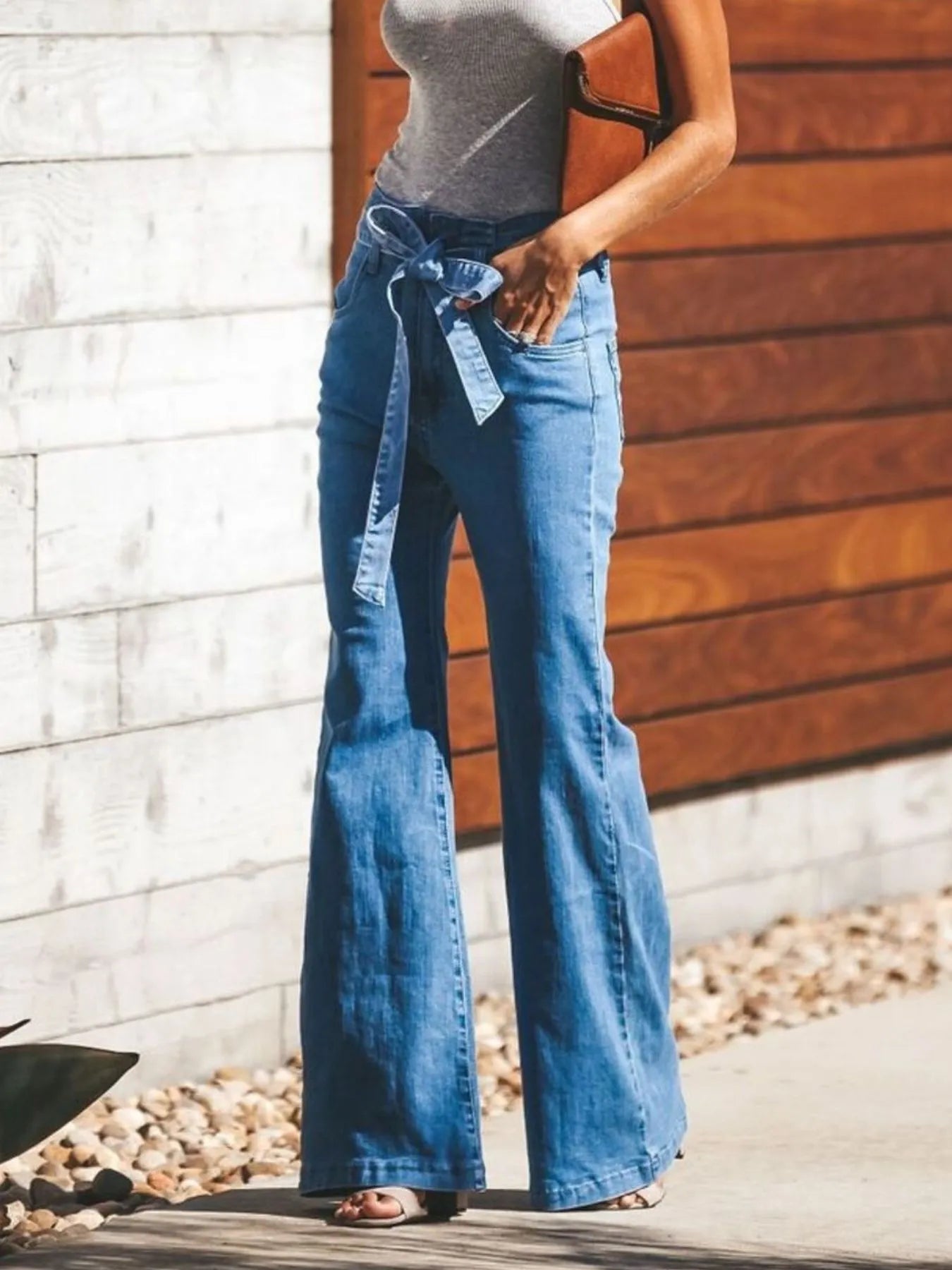 High-Waisted Tie-Front Flare Jeans - Tigbul's Variety Fashion Shop