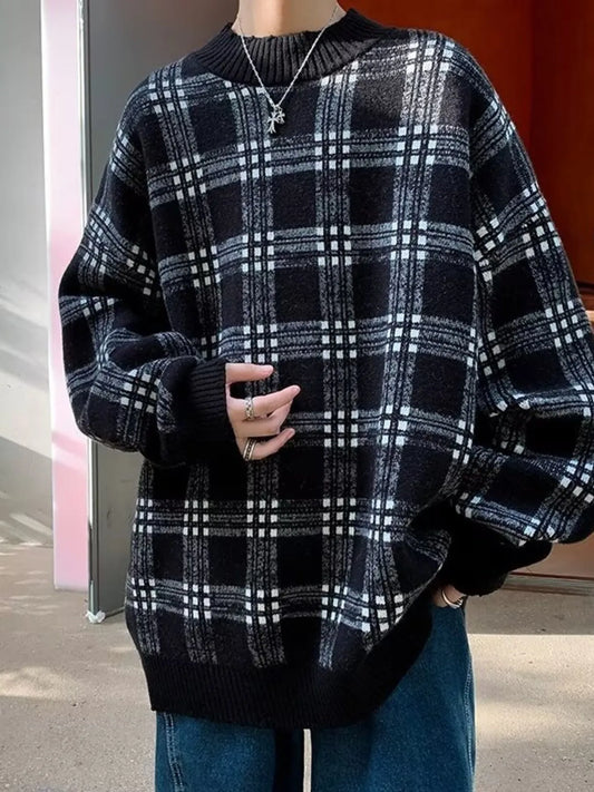 Men's Plaid Round Neck Long Sleeve Sweater - Tigbul's Variety Fashion Shop
