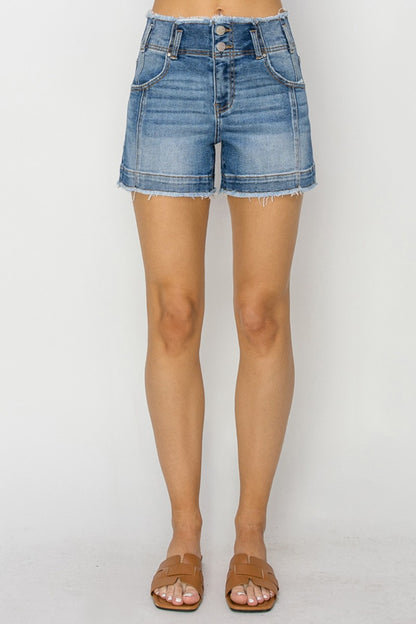 RISEN High Rise Seam Detailed Raw Edge Denim Shorts - Tigbul's Variety Fashion Shop