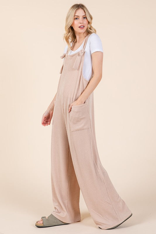 BOMBOM Knot Straps Wide Leg Ribbed Overalls with Pockets - Tigbul's Variety Fashion Shop