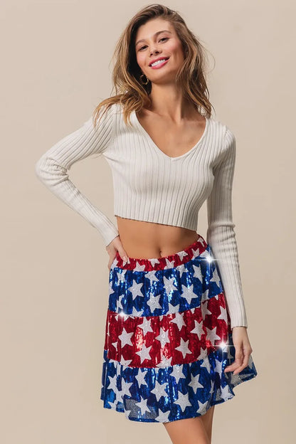 American Flag Theme Star Sequin Tiered Skirt - Tigbul's Variety Fashion Shop