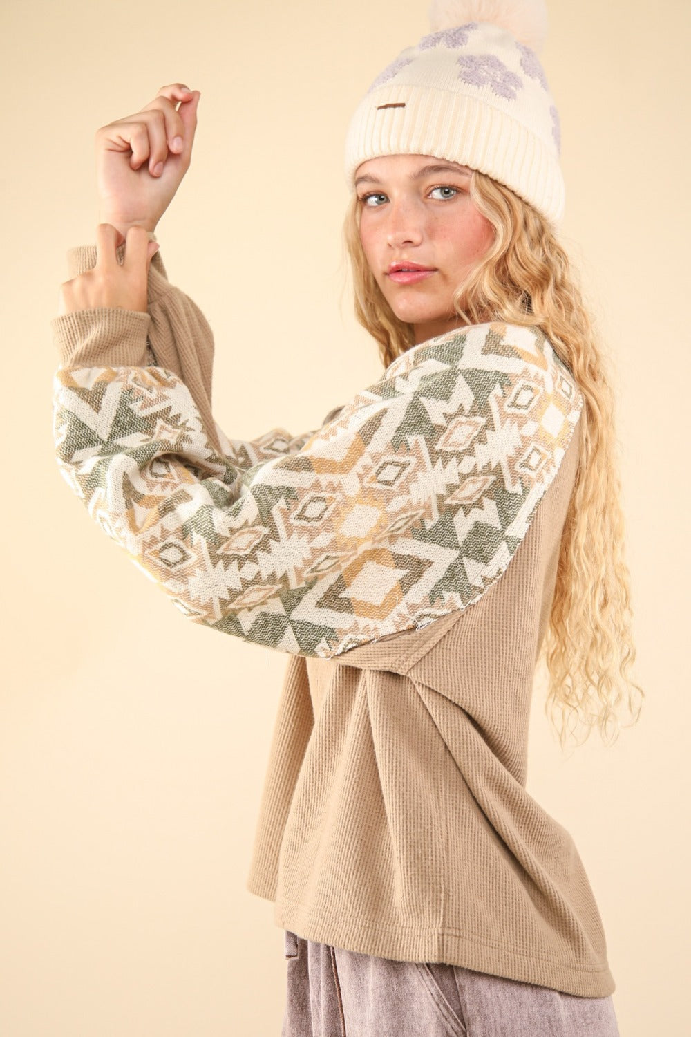 VERY J Printed Long Sleeve Round Neck Knit Top - Tigbul's Variety Fashion Shop