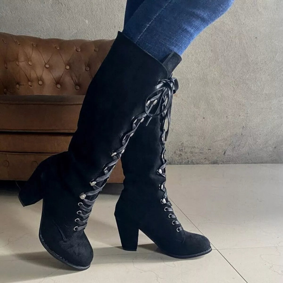 Lace Up Block Heels Boots - Tigbul's Variety Fashion Shop
