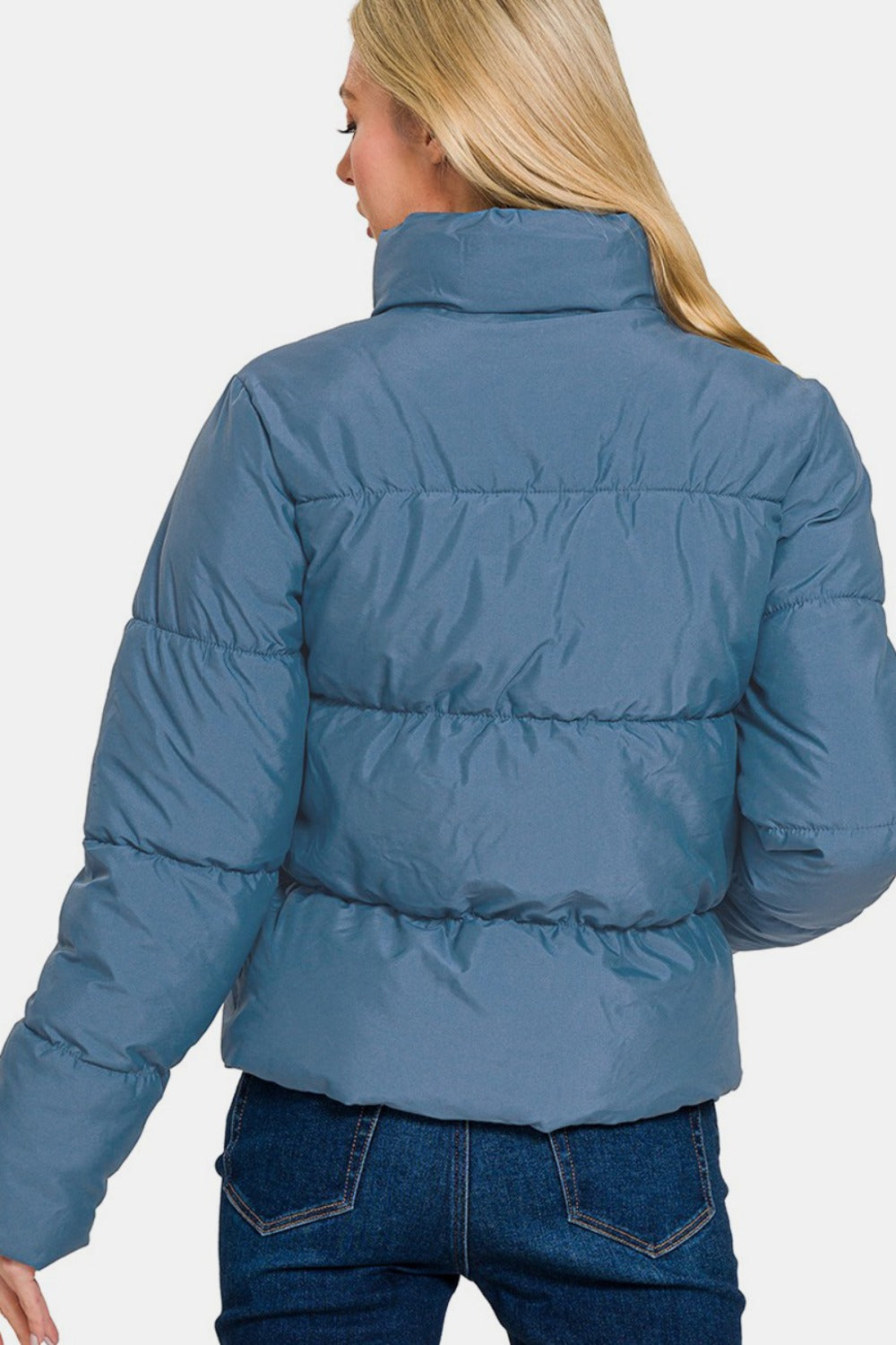 Dusty Blue Zip Up Turtleneck Puffer Jacket with Pockets - Tigbul's Variety Fashion Shop