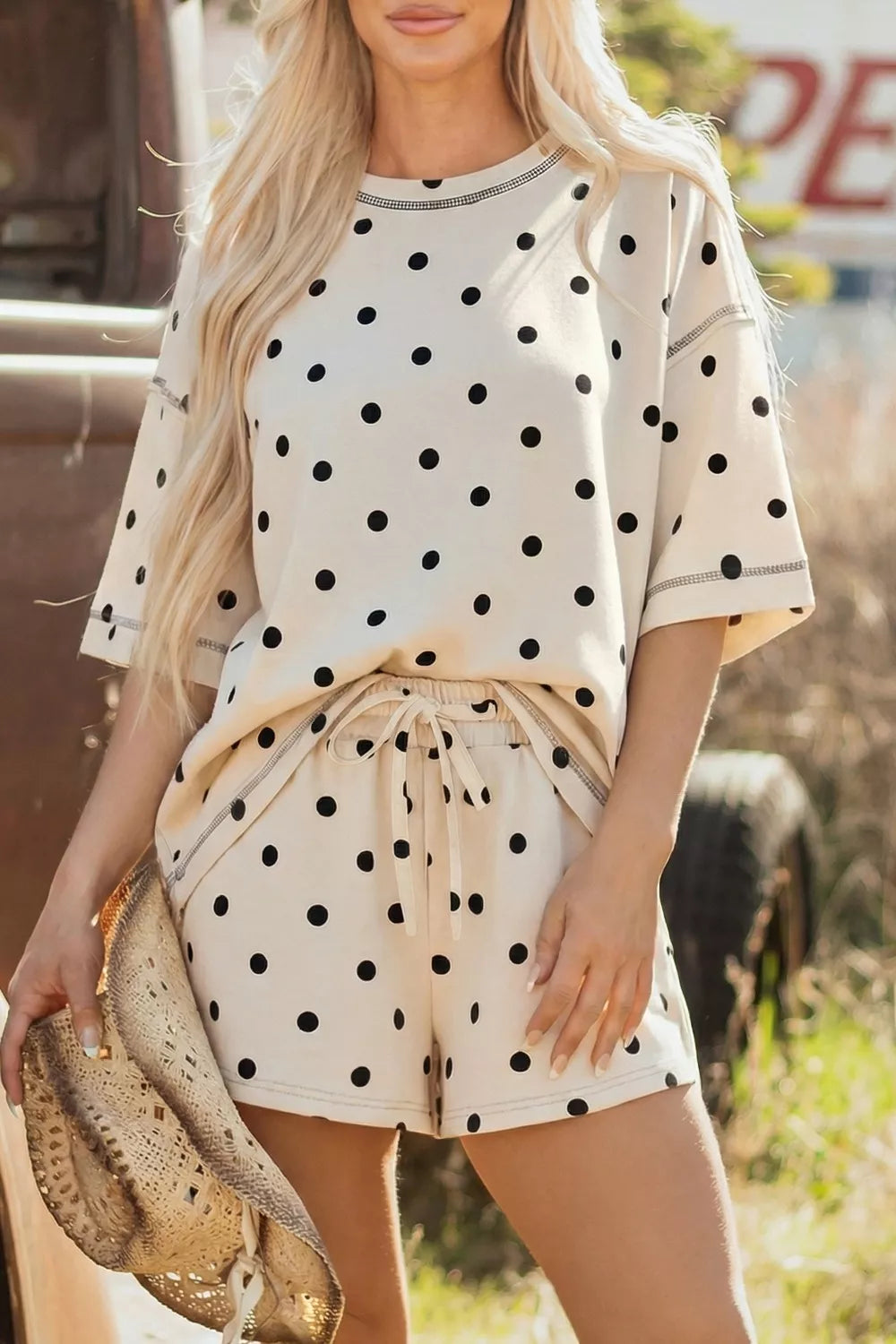 Cream polka dot loose tee and shorts set with exposed seam detail