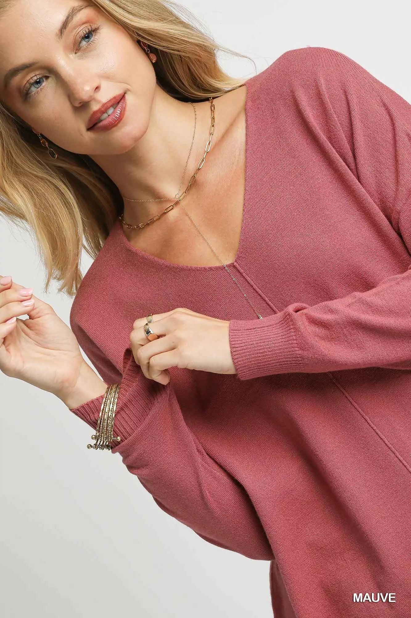 Umgee V-Neck High Low Hem Knit Top with Side Slit - Tigbul's Variety Fashion Shop