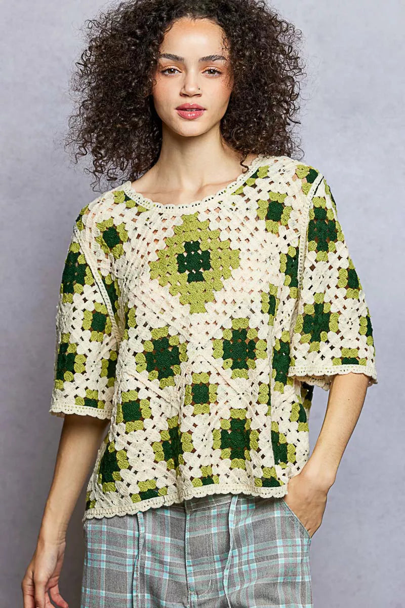 POL Round Neck Short Sleeve Color Pattern Crochet Top with Border Accents - Tigbul's Variety Fashion Shop