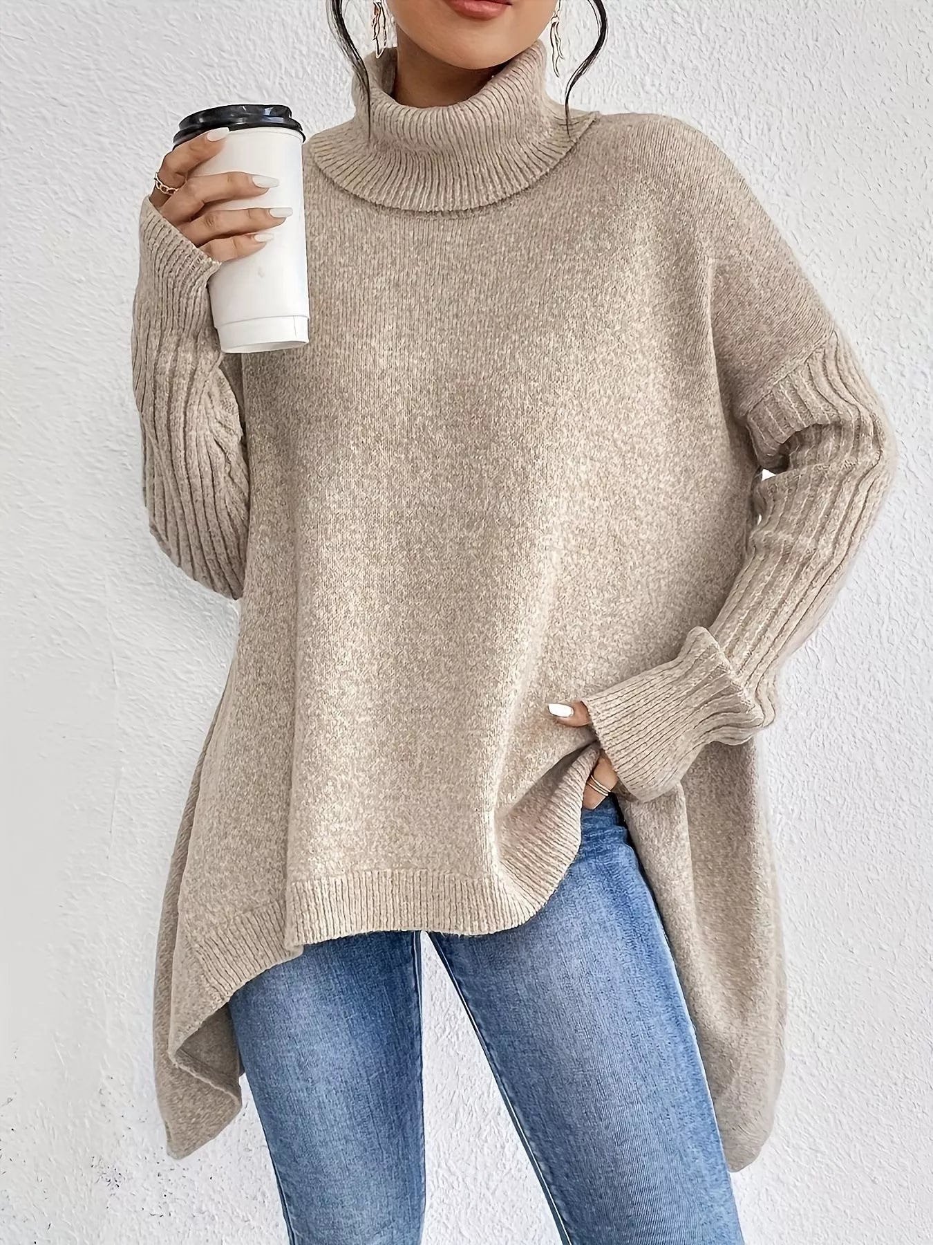 Turtleneck Dropped Shoulder Sweater - Tigbul's Variety Fashion Shop