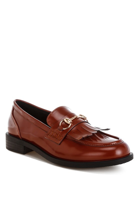 Cognac fringed penny strap loafers with gold horsebit and tassel fringe detail