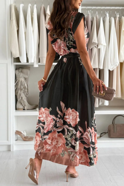 Floral Print Cap Sleeve Dress with Belt - Tigbul's Variety Fashion Shop