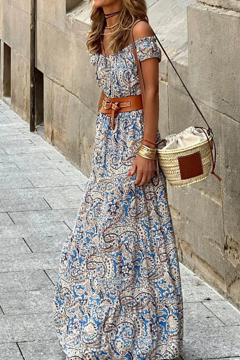 Boho Paisley Print Off Shoulder Maxi Dress - Tigbul's Variety Fashion Shop