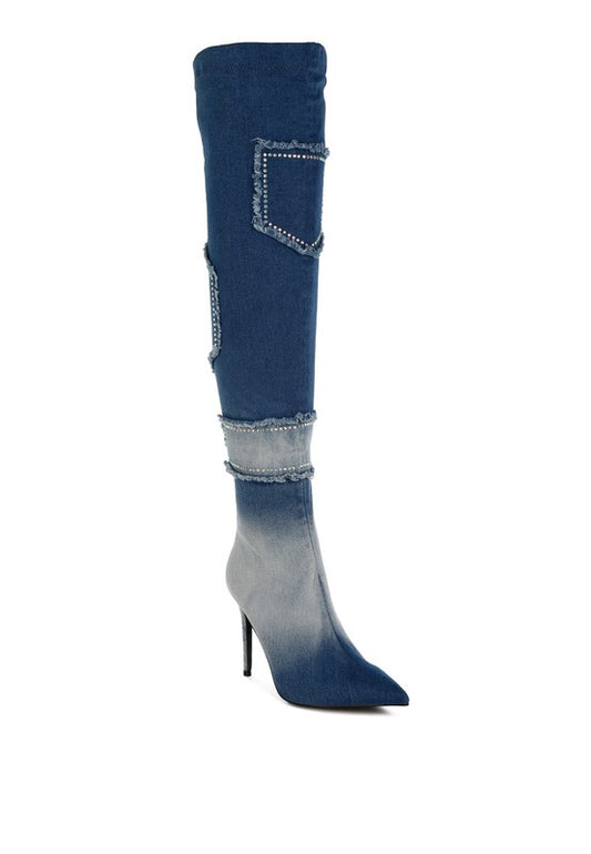 Eilish Rhinestones Knee High Denim Boots - Tigbul's Variety Fashion Shop