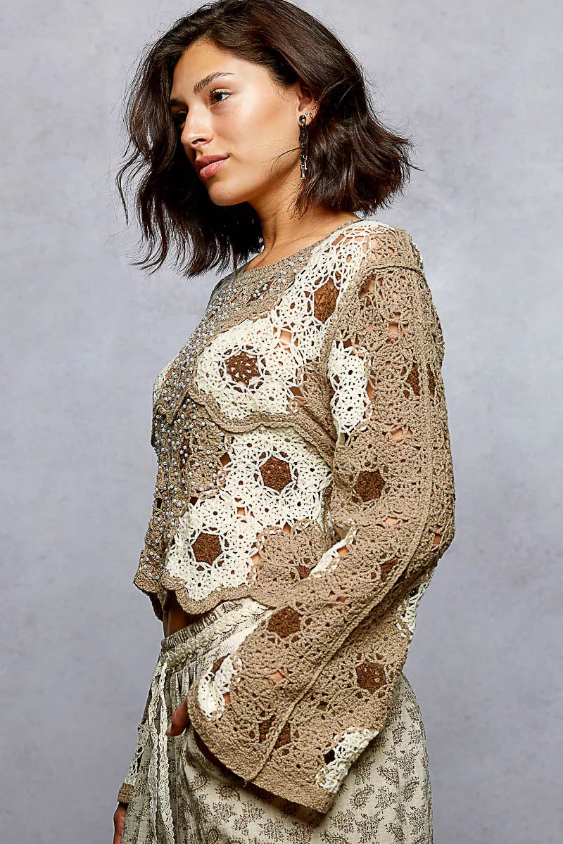 POL Floral Weave Pattern Crochet Cropped Top with Beads Detail - Tigbul's Variety Fashion Shop
