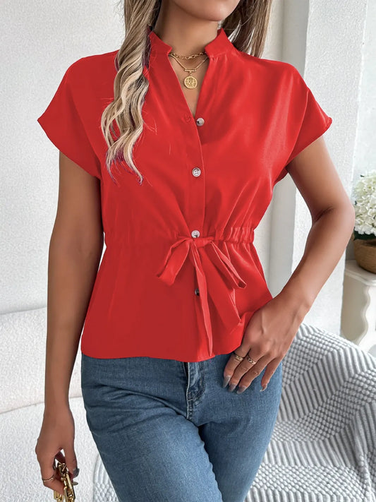 Notched Short Sleeve Blouse - Tigbul's Variety Fashion Shop
