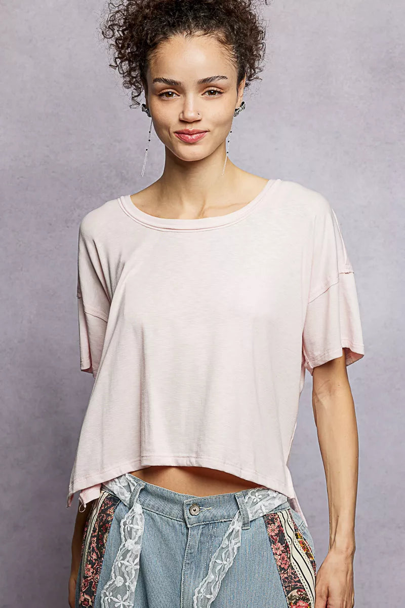 POL Round Neck Short Sleeve T-Shirt with High Low Hem - Tigbul's Variety Fashion Shop