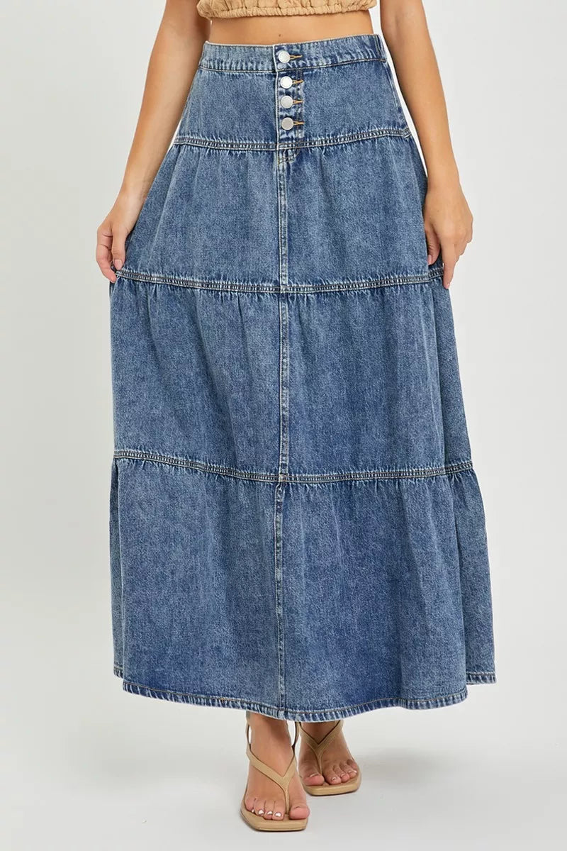 High-rise denim maxi skirt, tiered ruffle stripes and button placket at center front