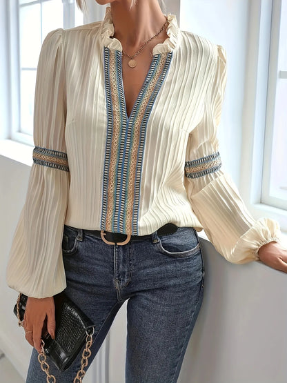 Notched Textured Balloon Sleeve Blouse - Tigbul's Variety Fashion Shop