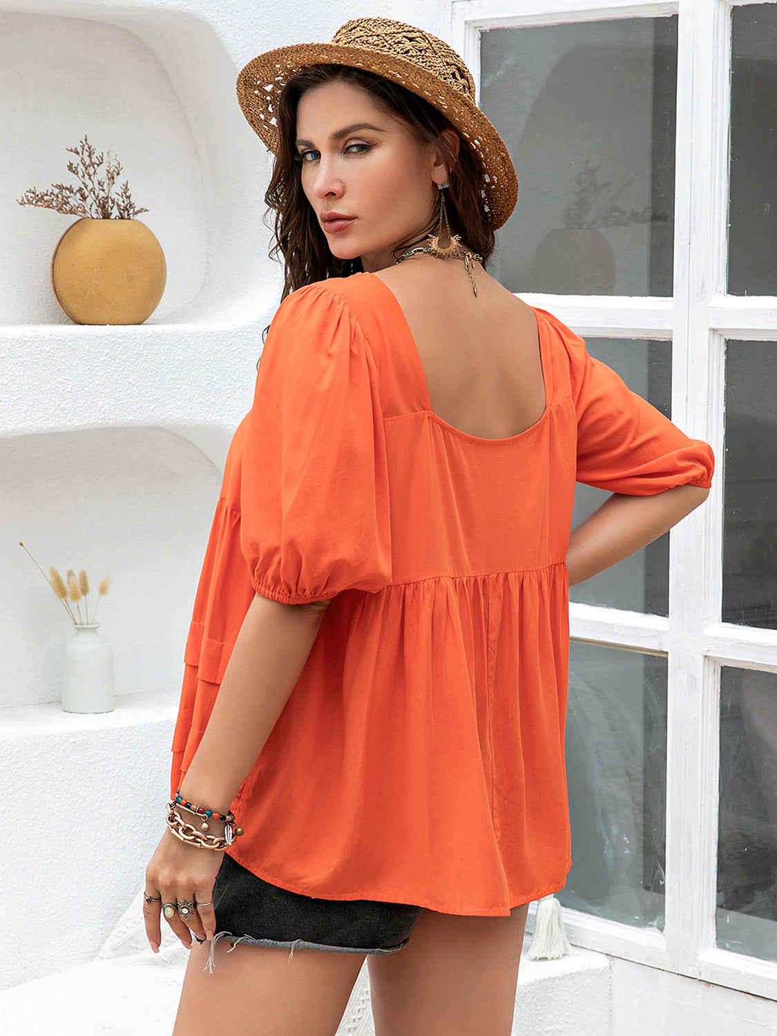 Plus Size Square Neck Half Sleeve Blouse - Tigbul's Variety Fashion Shop